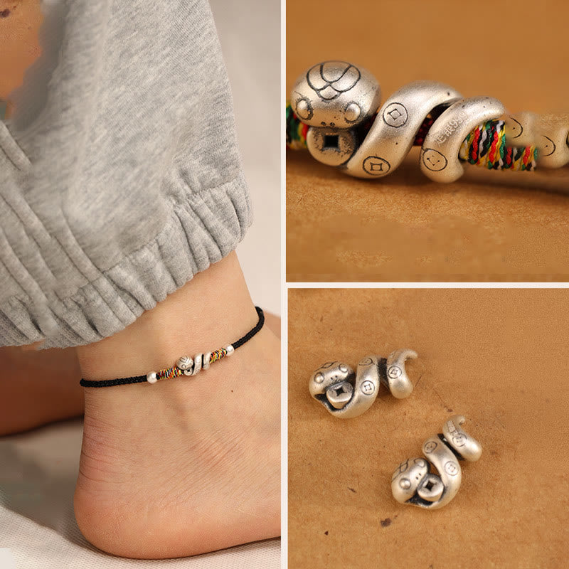 Buddha Stones Czerwony Sznur 999 Srebro Sterling Bransoletka na Kostkę Rok Węża