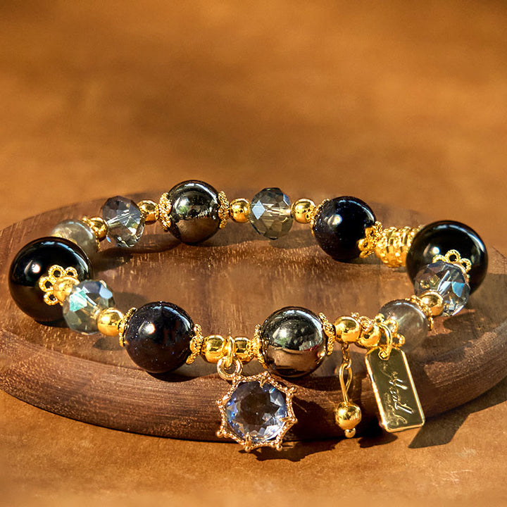 Bransoletka Buddha Stones Natural Black Obsidian Hematyt Blue Sandstone Strength