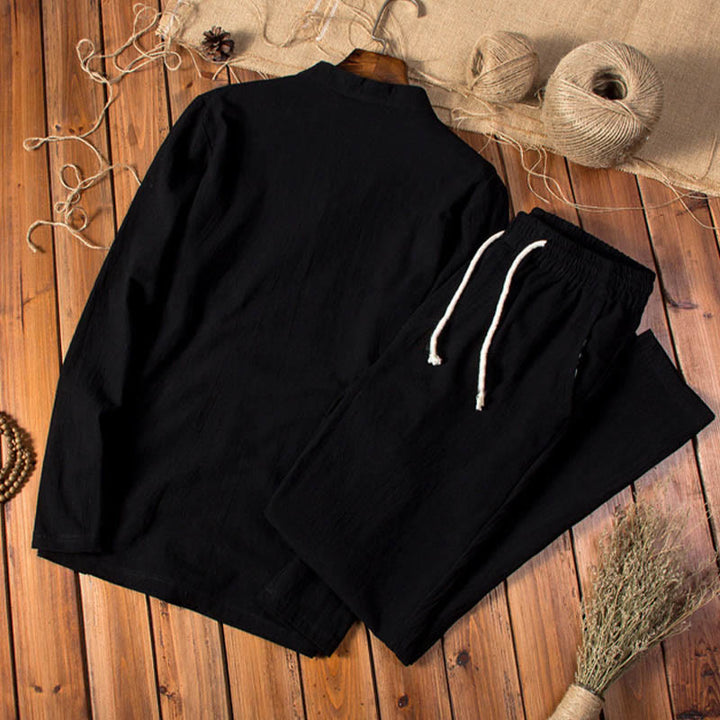 Buddha Stones, czysty kolor, bawełna, len, długi rękaw, spodnie, komplet męski - image 11