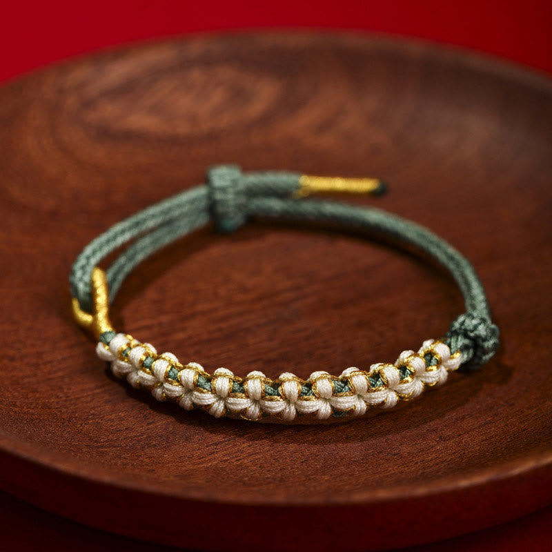 Buddha Stones Tybetańskie Złote Nici Kolorowy Brzoskwiniowy Kwiat Węzeł Połączenie Bransoletka Pleciona