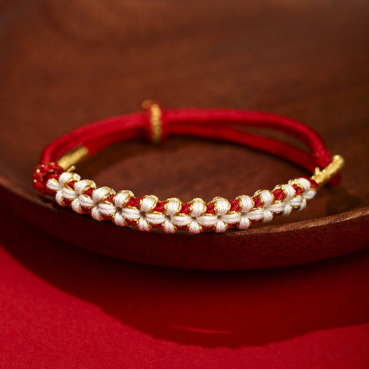 Buddha Stones Tybetańskie Złote Nici Kolorowy Brzoskwiniowy Kwiat Węzeł Połączenie Bransoletka Pleciona