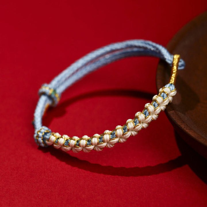 Buddha Stones Tybetańskie Złote Nici Kolorowy Brzoskwiniowy Kwiat Węzeł Połączenie Bransoletka Pleciona