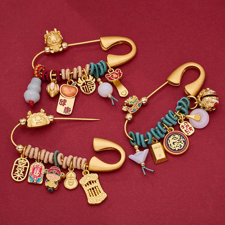 Broszka ochronna z mosiądzu z Buddha Stones Dragon Fu Character Attract Fortune