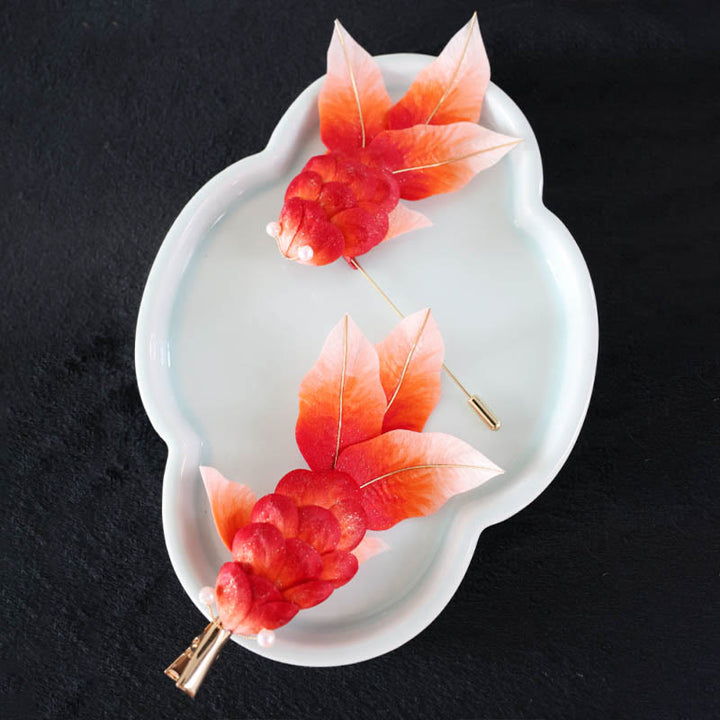 Buddha Stones ręcznie robione Yangzhou Aksamitne Kwiaty Morwy Jedwabne Czerwone Liście Ryby Koi Broszka Spinka Do Włosów