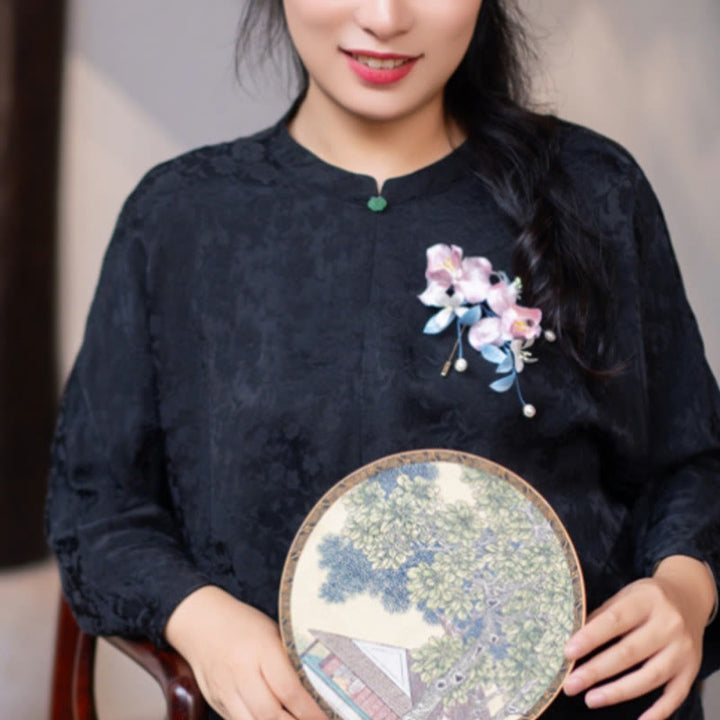 Buddha Stones ręcznie robione aksamitne kwiaty morwy jedwabiu różowego irysa broszka do włosów spinka