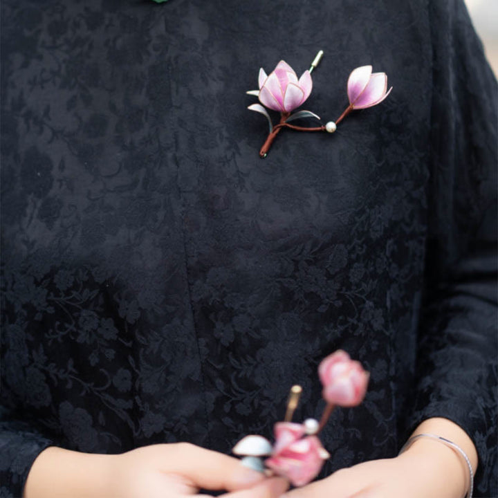 Buddha Stones ręcznie robione Yangzhou Aksamitny Kwiat Morwy Jedwab Fioletowa Magnolia Broszka Spinka Do Włosów