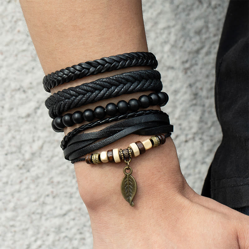 Zestaw bransoletek z Buddha Stones, liści, wielowarstwowych, skręconych skórzanych koralików z żywicy i odwagi
