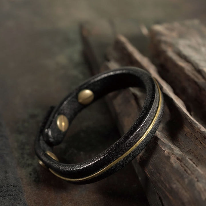 Bransoletka lecznicza z kamieniami Buddha Stones Vintage Leather Copper Brass Wire