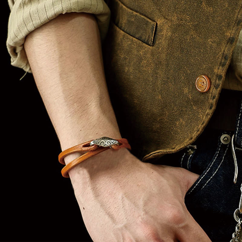 Bransoletka ochronna Buddha Stones 925 ze srebra wysokiej próby, ze skóry, z wieloma obrotami