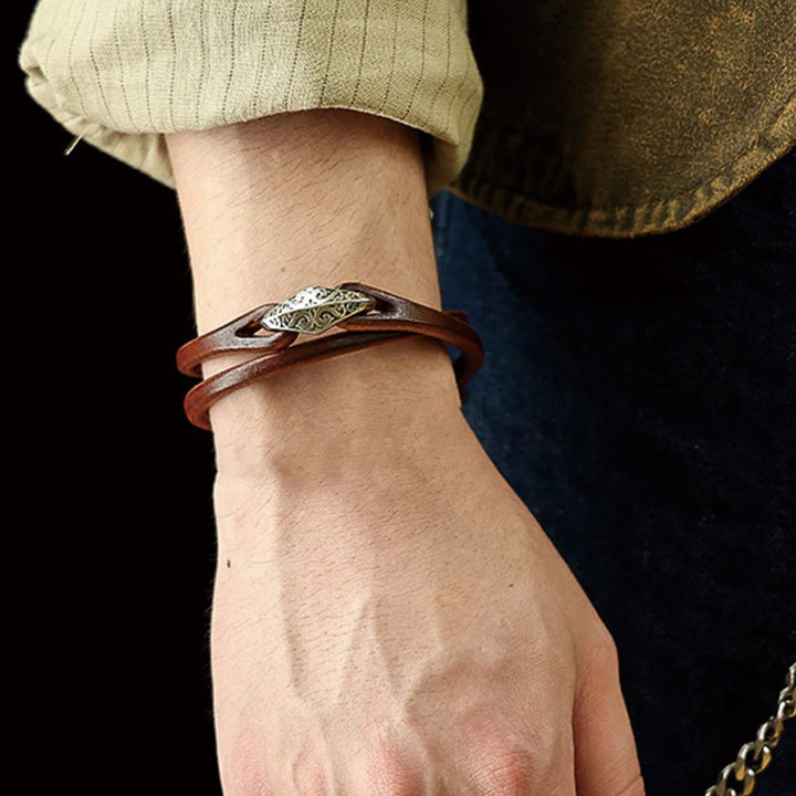 Bransoletka ochronna Buddha Stones 925 ze srebra wysokiej próby, ze skóry, z wieloma obrotami