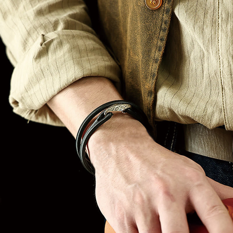 Bransoletka ochronna Buddha Stones 925 ze srebra wysokiej próby, ze skóry, z wieloma obrotami