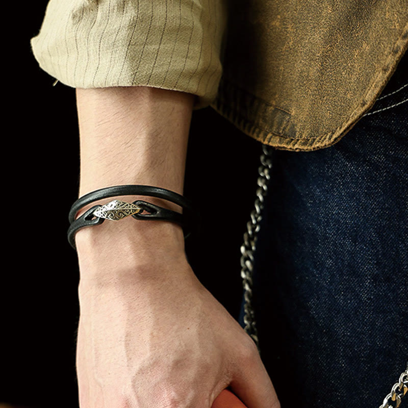 Bransoletka ochronna Buddha Stones 925 ze srebra wysokiej próby, ze skóry, z wieloma obrotami