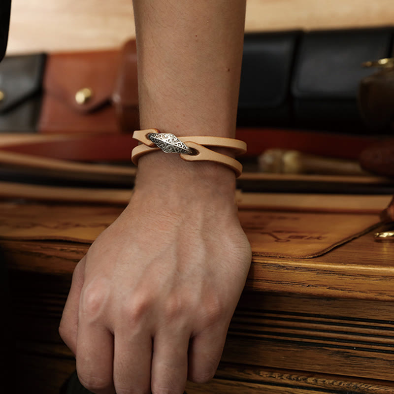 Bransoletka ochronna Buddha Stones 925 ze srebra wysokiej próby, ze skóry, z wieloma obrotami