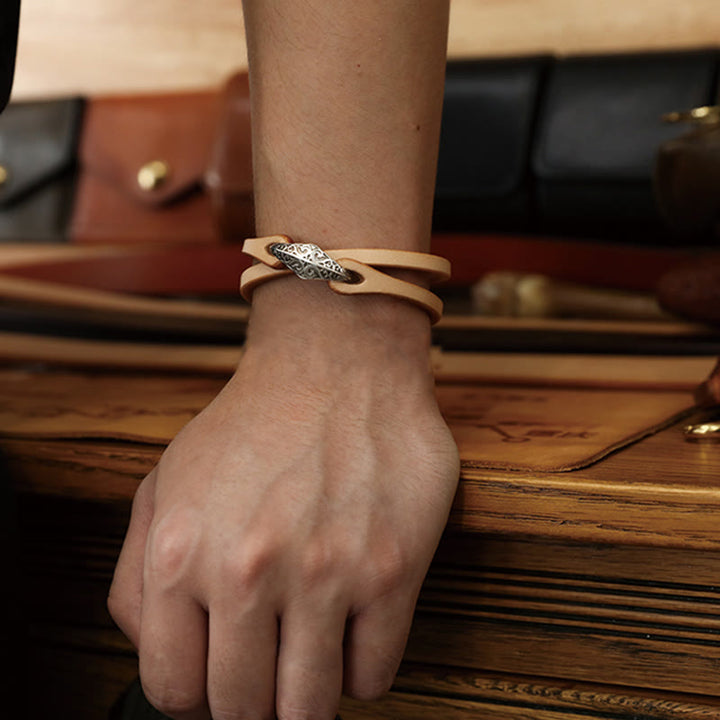 Bransoletka ochronna Buddha Stones 925 ze srebra wysokiej próby, ze skóry, z wieloma obrotami