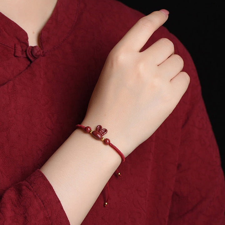 Buddha Stones Ręcznie Robione Cynober Chiński Zodiak Królik Szczęście Czerwona Bransoletka Sznurkowa