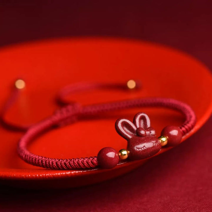 Buddha Stones Ręcznie Robione Cynober Chiński Zodiak Królik Szczęście Czerwona Bransoletka Sznurkowa