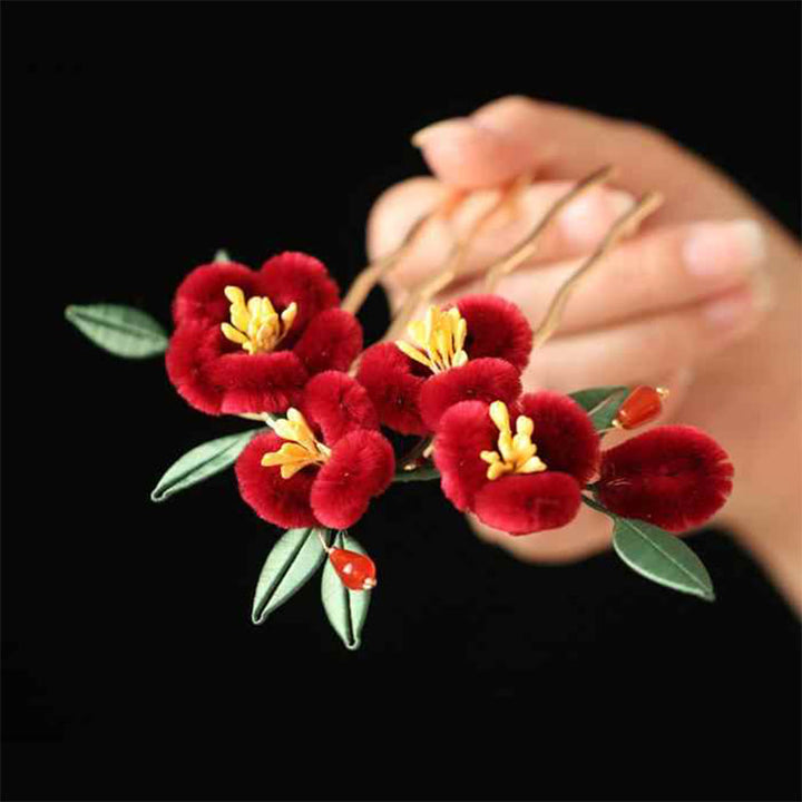 Buddha Stones Klasyczny chiński styl Czerwony kwiat Niebieski motyl Spinka do włosów Spinka do włosów Grzebień do włosów Spinka do włosów