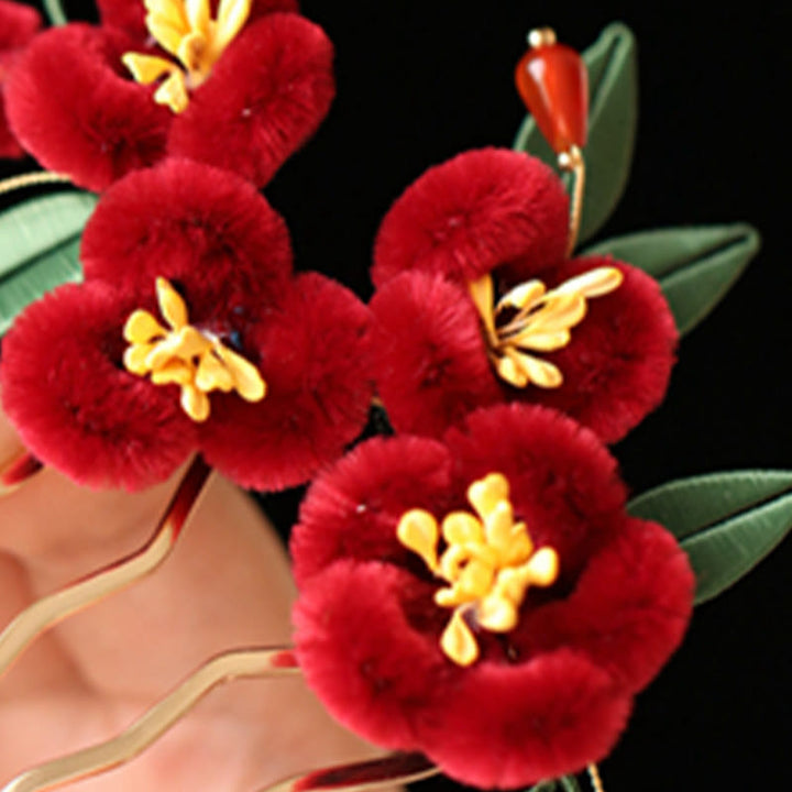 Buddha Stones Klasyczny chiński styl Czerwony kwiat Niebieski motyl Spinka do włosów Spinka do włosów Grzebień do włosów Spinka do włosów