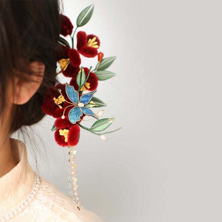 Buddha Stones Klasyczny chiński styl Czerwony kwiat Niebieski motyl Spinka do włosów Spinka do włosów Grzebień do włosów Spinka do włosów