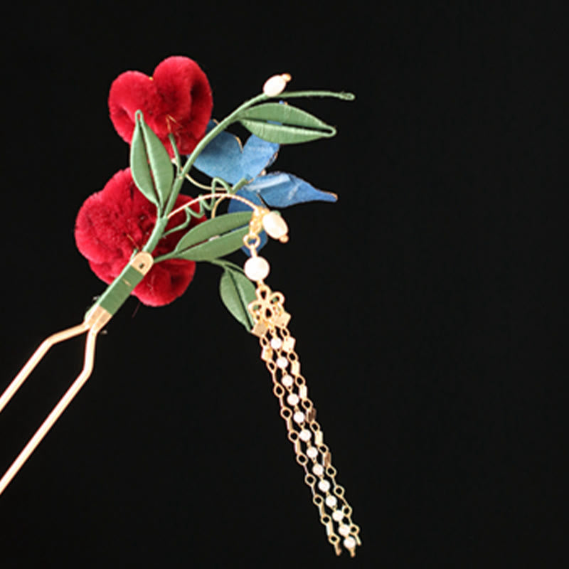 Buddha Stones Klasyczny chiński styl Czerwony kwiat Niebieski motyl Spinka do włosów Spinka do włosów Grzebień do włosów Spinka do włosów