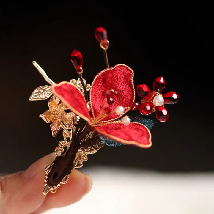 Buddha Stones Klasyczny chiński styl Czerwony kwiat Motyl Frędzel Grzebień do włosów Spinka do włosów