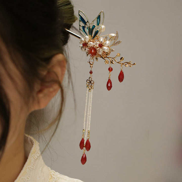 Buddha Stones Klasyczny chiński styl Gałązka kwiatów Motyl Perła Kutas Spinka do włosów Spinka do włosów Korona włosów