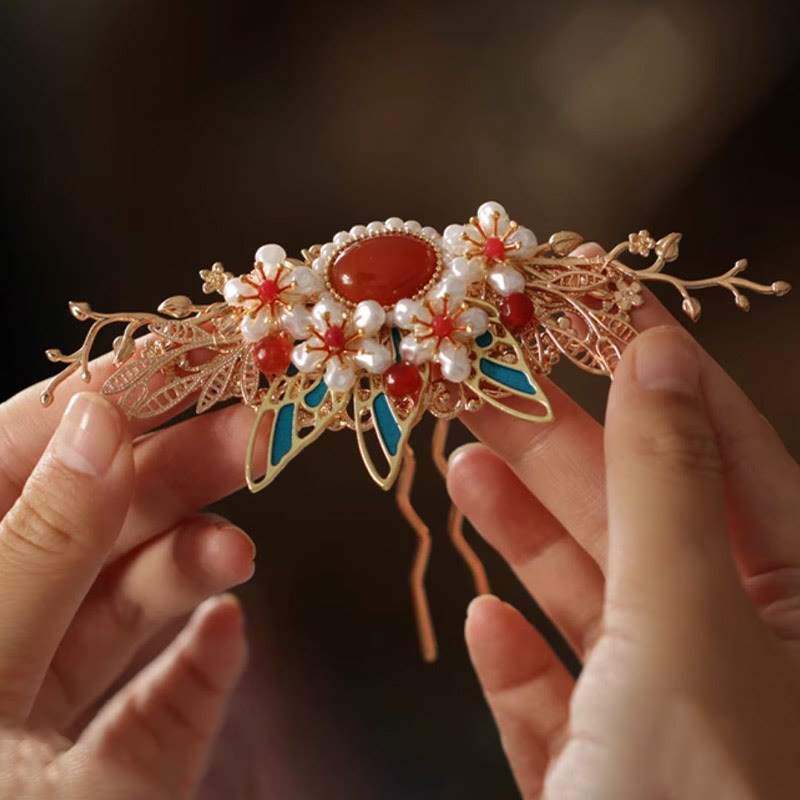 Buddha Stones Klasyczny chiński styl Gałązka kwiatów Motyl Perła Kutas Spinka do włosów Spinka do włosów Korona włosów