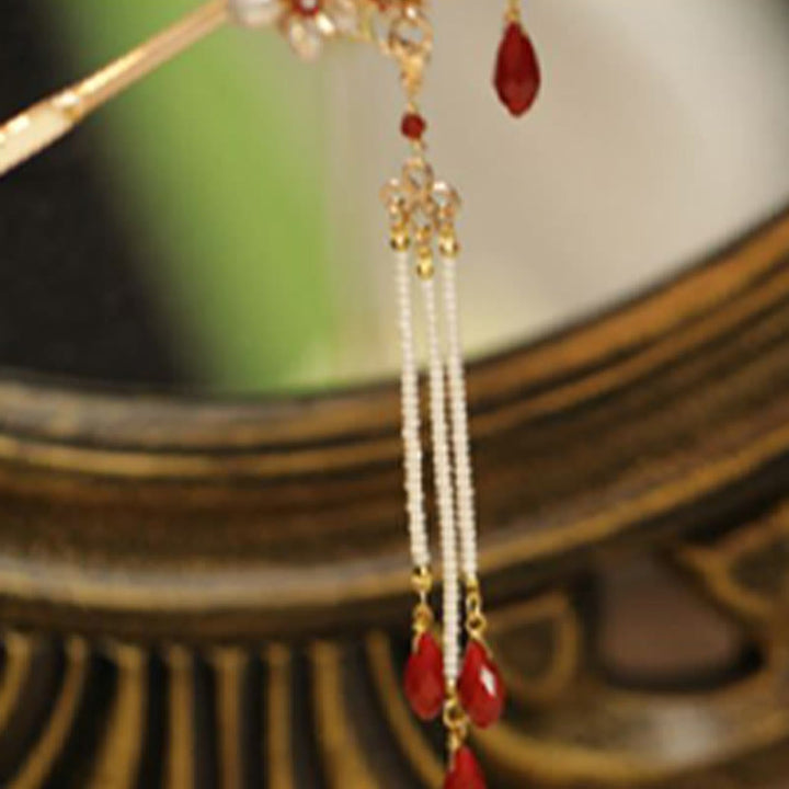 Buddha Stones Klasyczny chiński styl Gałązka kwiatów Motyl Perła Kutas Spinka do włosów Spinka do włosów Korona włosów