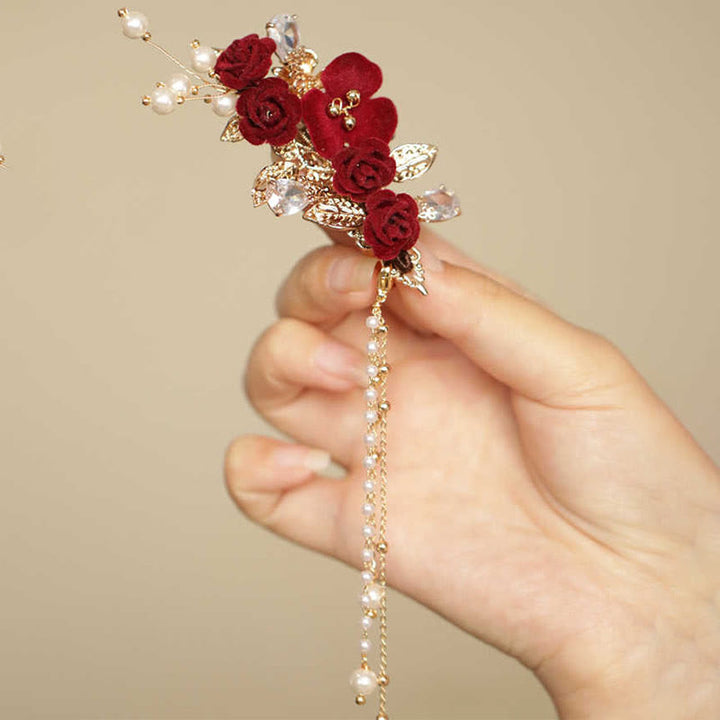 Buddha Stones Retro Chiński Styl Czerwony Kwiat Kamelii Tassel Boczna Spinka Do Włosów