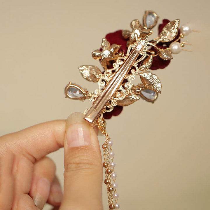 Buddha Stones Retro Chiński Styl Czerwony Kwiat Kamelii Tassel Boczna Spinka Do Włosów