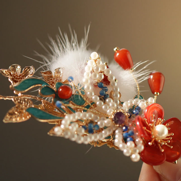 Buddha Stones Klasyczny chiński styl Czerwony kwiat Motyl Perła Spinka do włosów