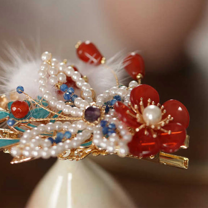 Buddha Stones Klasyczny chiński styl Czerwony kwiat Motyl Perła Spinka do włosów