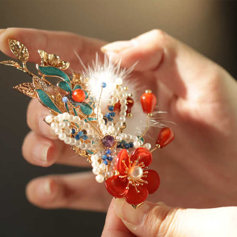Buddha Stones Klasyczny chiński styl Czerwony kwiat Motyl Perła Spinka do włosów