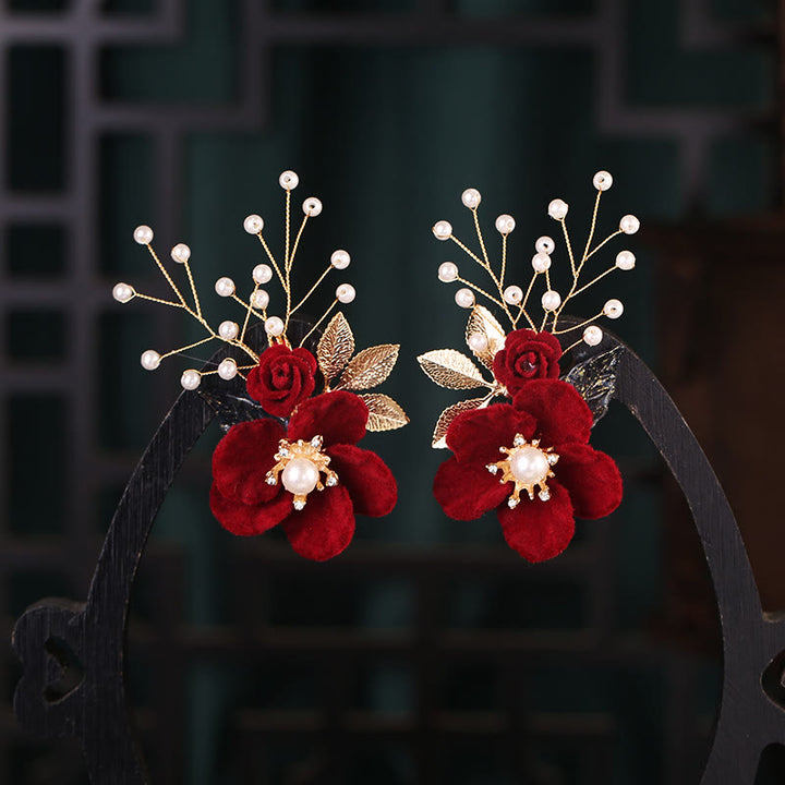 Buddha Stones Starożytne Czerwone Kwiaty Perła Frędzle Zestaw Spinek Do Włosów