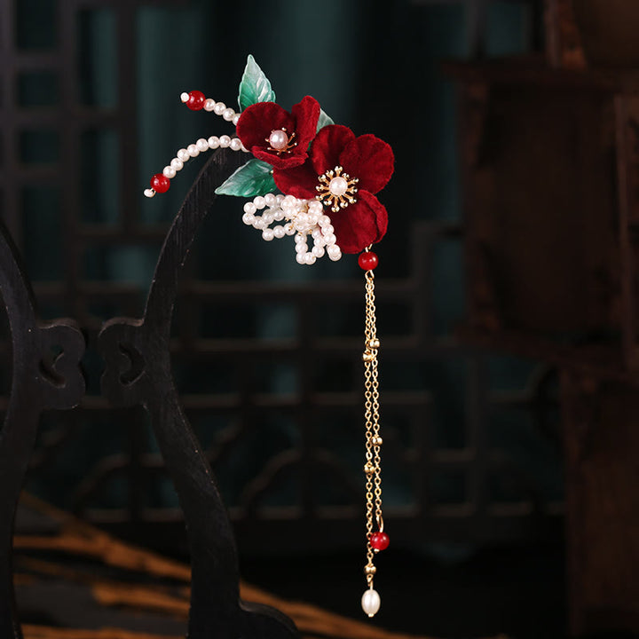 Buddha Stones Starożytne Czerwone Kwiaty Perła Frędzle Zestaw Spinek Do Włosów