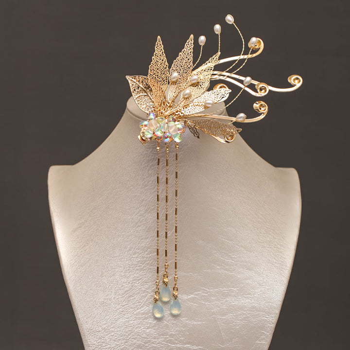 Buddha Stones Tradycyjny chiński złoty liść kwiat frędzel spinka do włosów