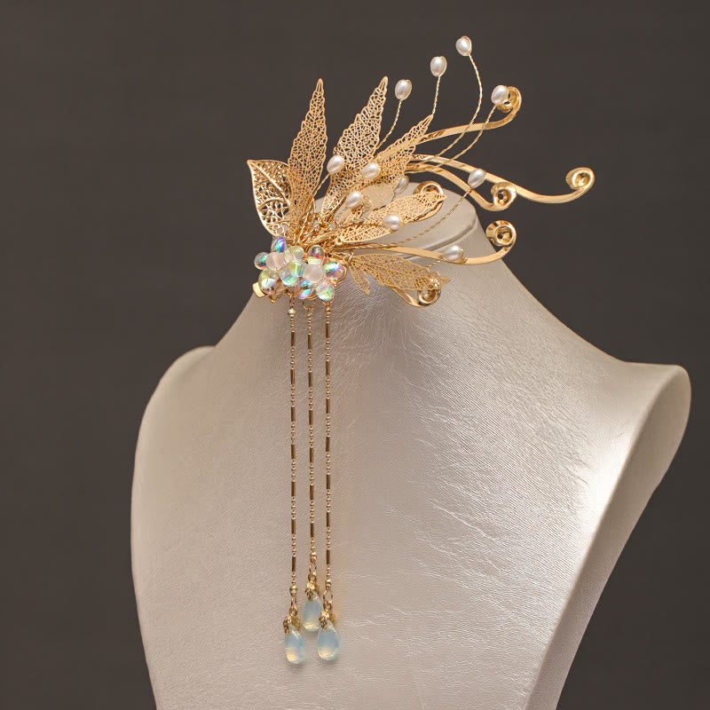 Buddha Stones Tradycyjny chiński złoty liść kwiat frędzel spinka do włosów