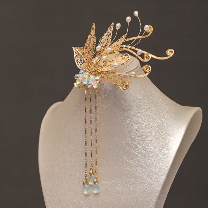 Buddha Stones Tradycyjny chiński złoty liść kwiat frędzel spinka do włosów