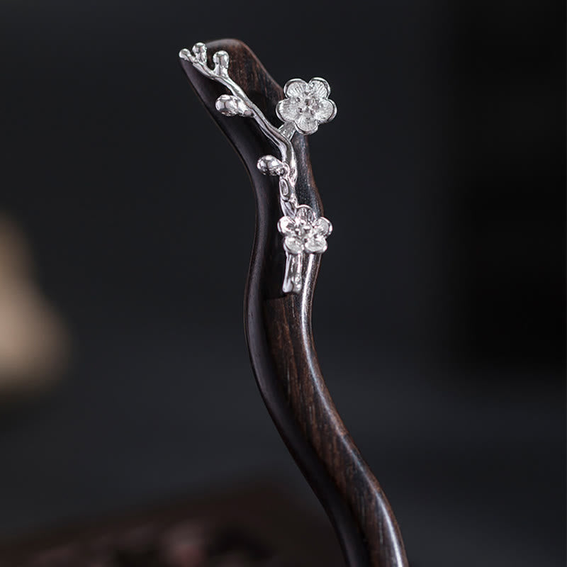 Buddha Stones 925 Srebro Klasyczne Chińskie Styl Ebony Śliwkowy Kwiat Błogosławieństwo Spinka Do Włosów - image 9