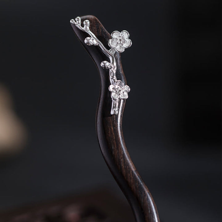 Buddha Stones 925 Srebro Klasyczne Chińskie Styl Ebony Śliwkowy Kwiat Błogosławieństwo Spinka Do Włosów - image 9