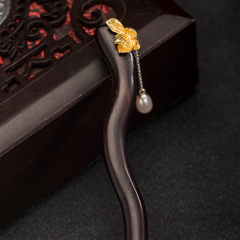 Buddha Stones 925 Srebro Sterling Klasyczny Chiński Styl Hebanowy Kwiat Lotosu Perła Frędzel Błogosławieństwo Spinka Do Włosów - image 1