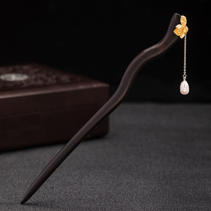 Buddha Stones 925 Srebro Sterling Klasyczny Chiński Styl Hebanowy Kwiat Lotosu Perła Frędzel Błogosławieństwo Spinka Do Włosów - image 2