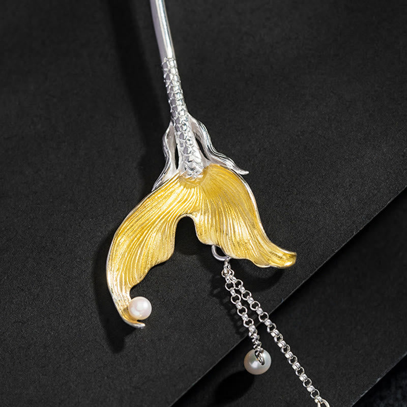 Buddha Stones 925 Srebro Sterling Klasyczny Chiński Styl Rybi Ogon Perła Chwost Spokojna Spinka Do Włosów - image 8