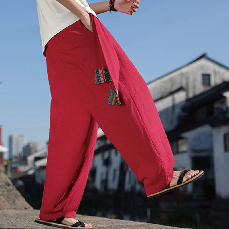 Buddha Stones Proste Patchworkowe Wzory Ściągane Bawełniane Spodnie Męskie Szerokie Nogawki Z Kieszeniami