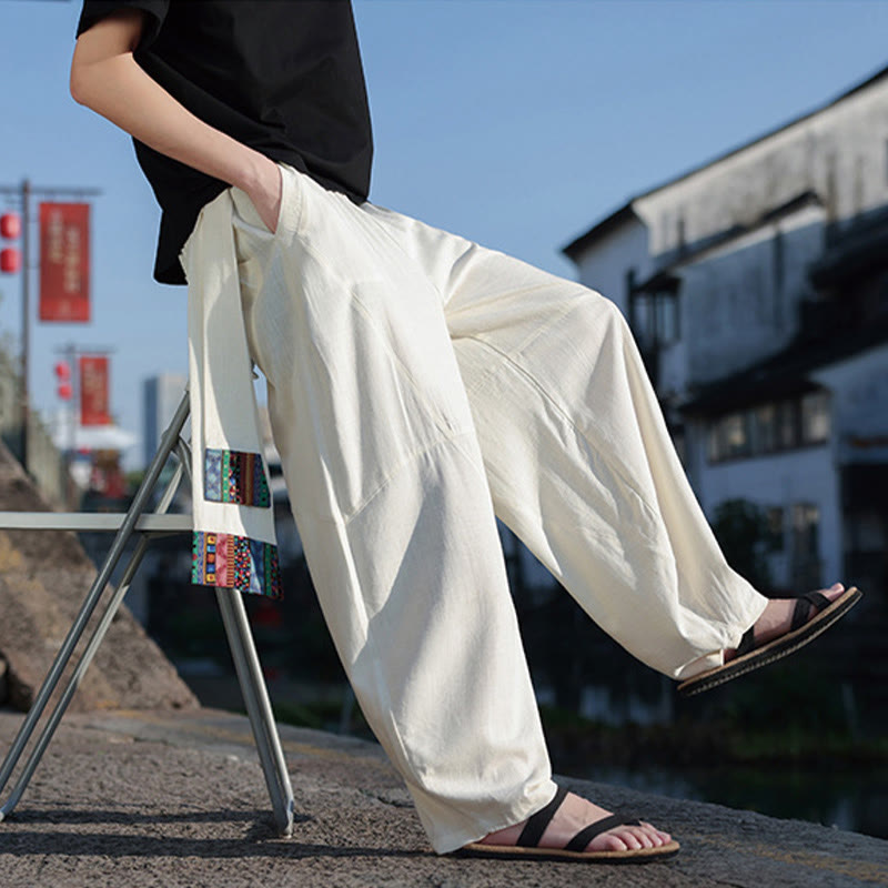 Buddha Stones Proste Patchworkowe Wzory Ściągane Bawełniane Spodnie Męskie Szerokie Nogawki Z Kieszeniami