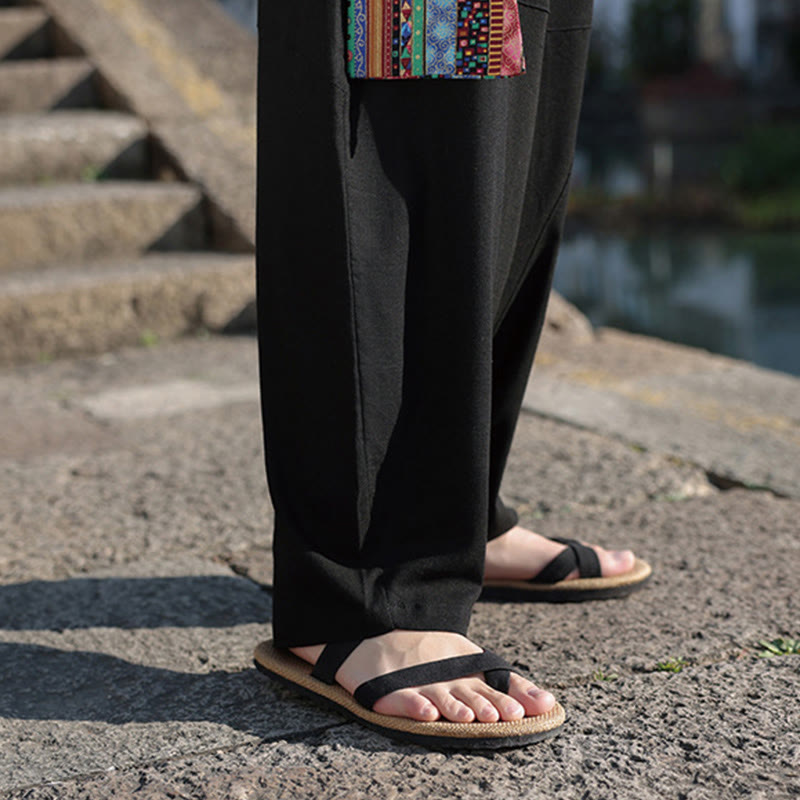 Buddha Stones Proste Patchworkowe Wzory Ściągane Bawełniane Spodnie Męskie Szerokie Nogawki Z Kieszeniami