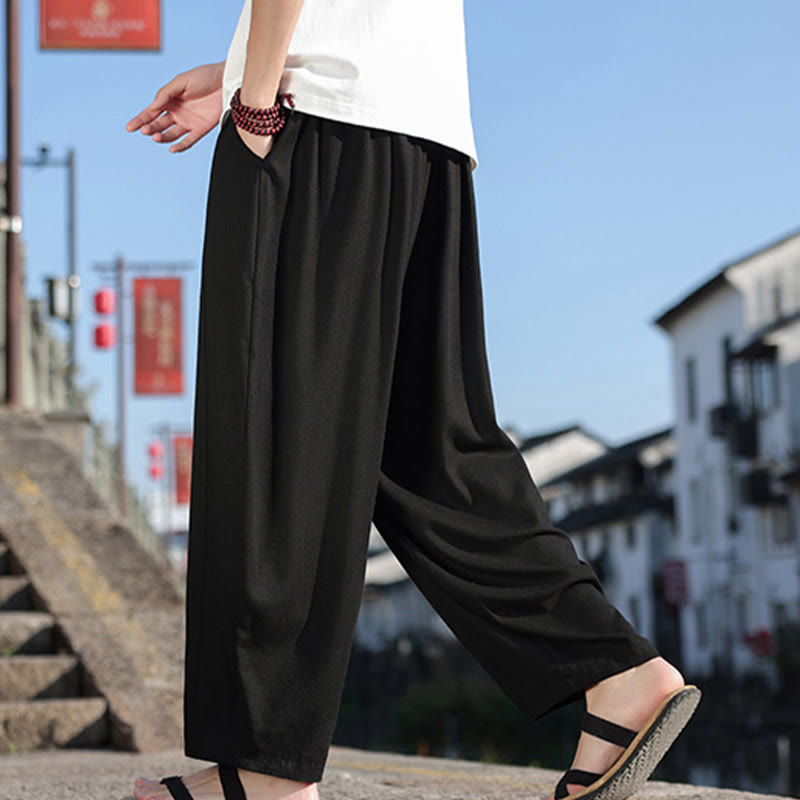 Buddha Stones Proste Patchworkowe Wzory Ściągane Sznurkiem Miękkie Bawełniane Spodnie Męskie Szerokie Nogawki Z Kieszeniami