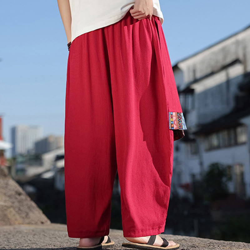 Buddha Stones Proste Patchworkowe Wzory Ściągane Sznurkiem Miękkie Bawełniane Spodnie Męskie Szerokie Nogawki Z Kieszeniami