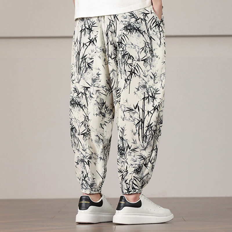 Buddha Stones Bambusowe Wzór Liścia Ściągacz Męskie Spodnie Harem Z Kieszeniami - image 5