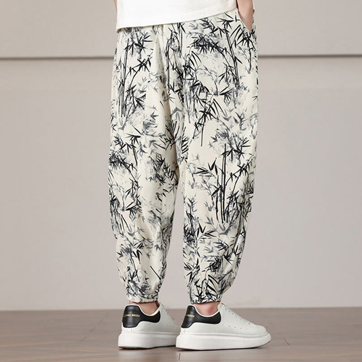Buddha Stones Bambusowe Wzór Liścia Ściągacz Męskie Spodnie Harem Z Kieszeniami - image 5